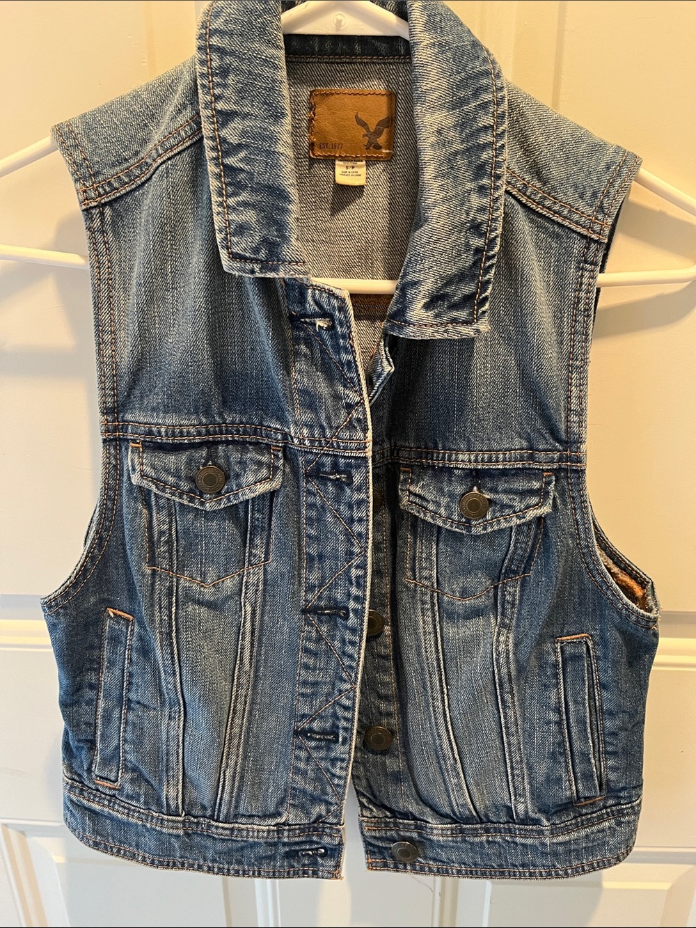 American Eagle Outfitters Light Blue Denim Vest with Leather Logo Patch